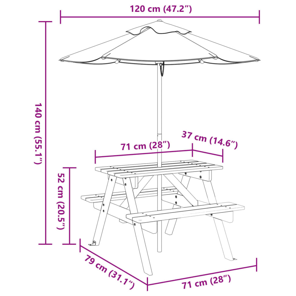 Ein Picknicktisch mit einem offenen Regenschirm. Abmessungen werden für Tisch und Schirm angegeben.