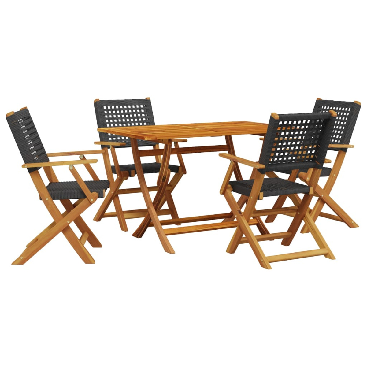 Set tavolo e sedie in legno. Quattro sedie con schienali neri intrecciati.