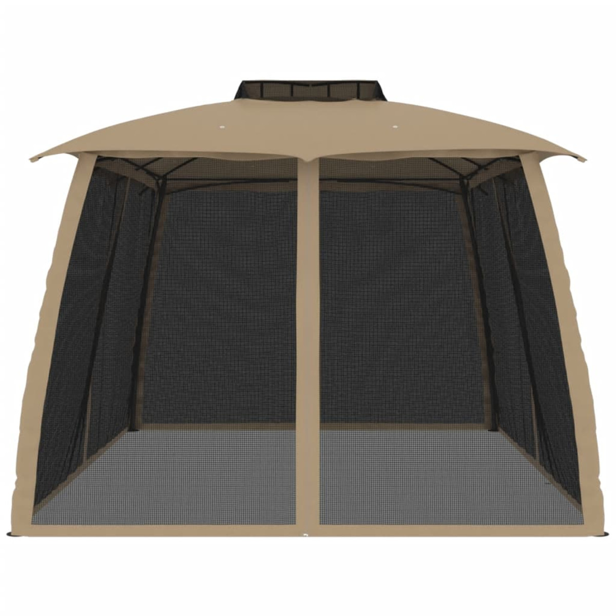 Gazebo beige con lati in rete nera. La struttura ha un tetto nero e un telaio marrone.