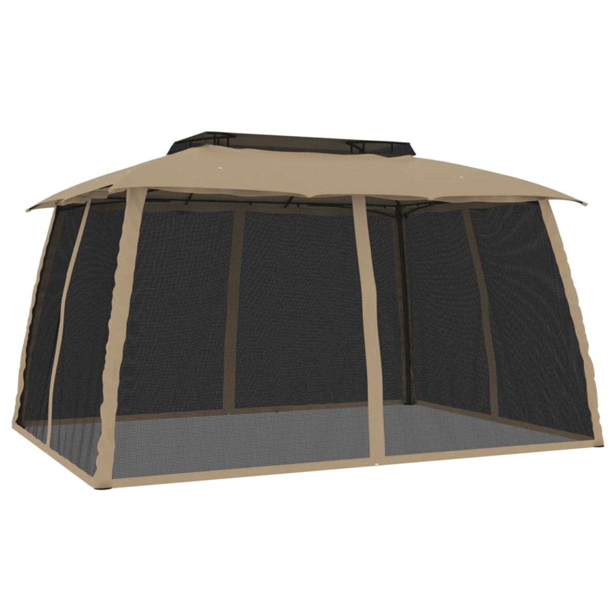 Gazebo beige con pareti a rete. Ha un tetto marrone e una porta a rete nera.