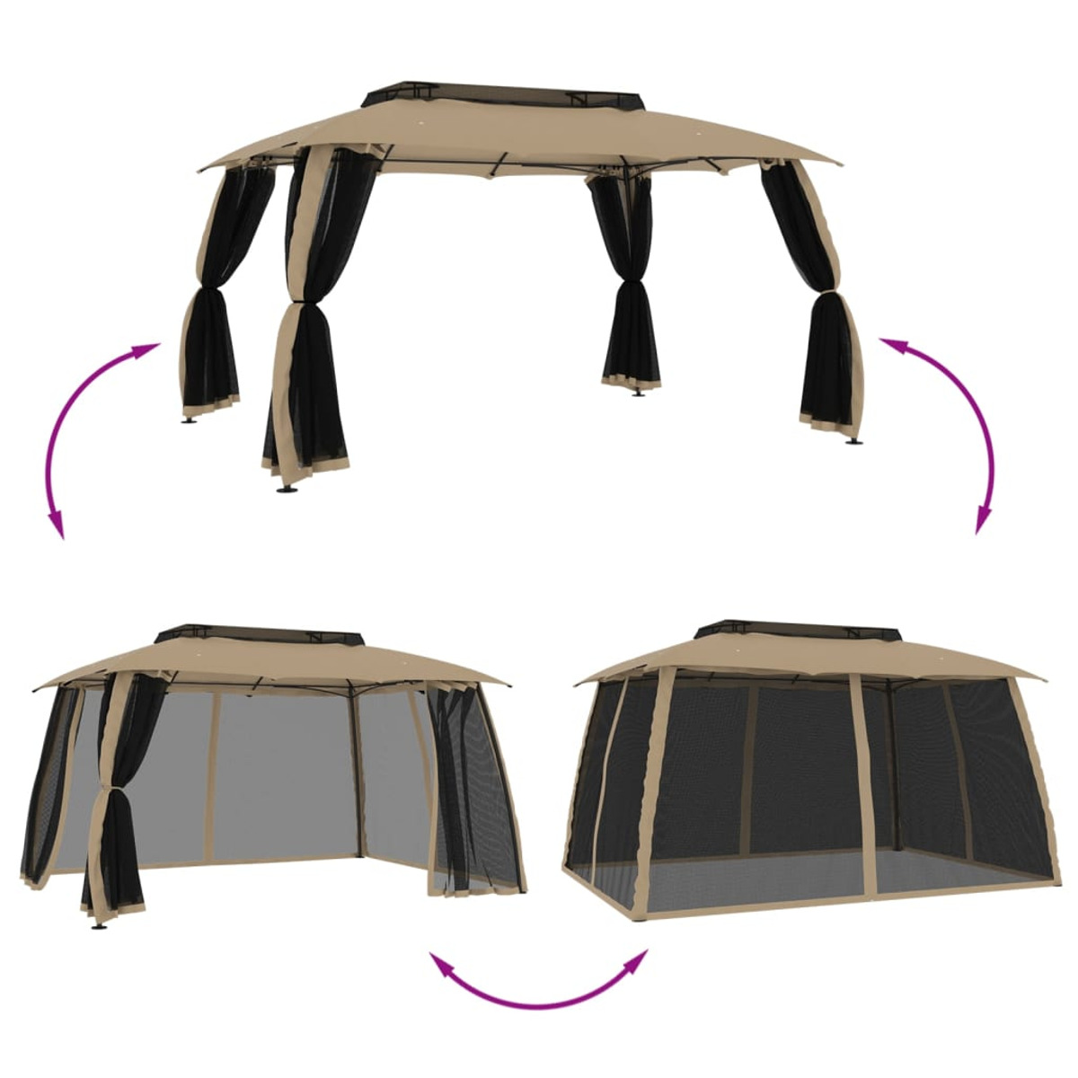 Gazebo beige e nero con tende, mostrato in diverse configurazioni.