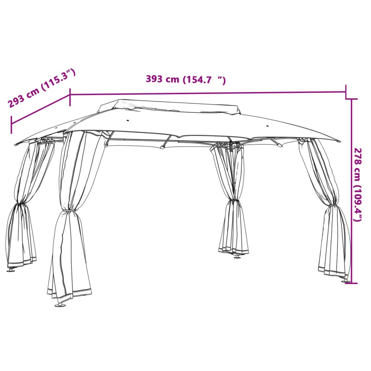 Gazebo bianco per esterni con tende, le dimensioni sono visualizzate.
