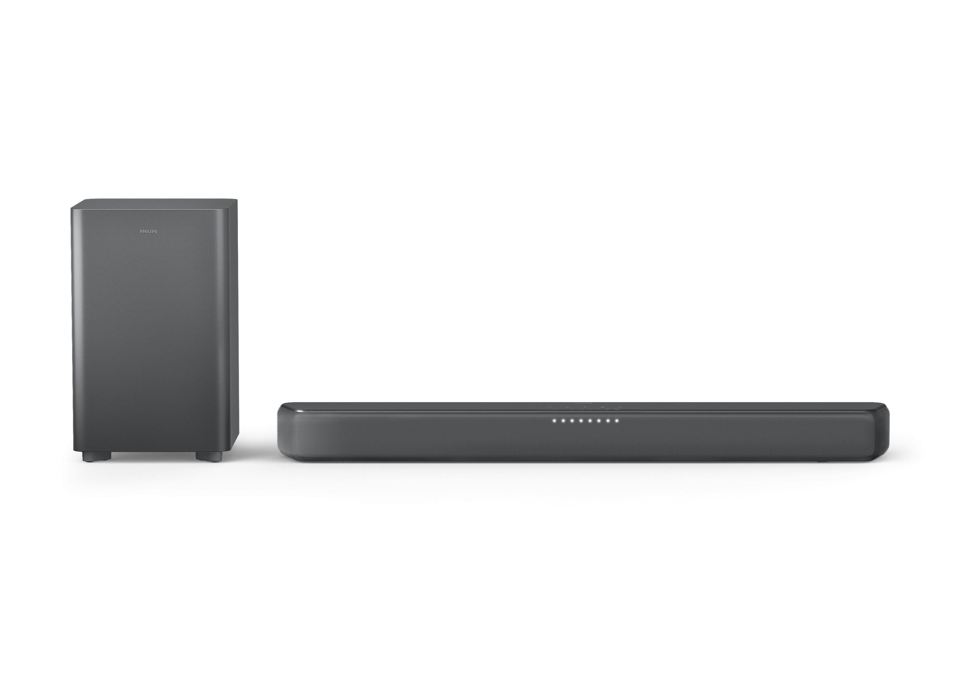 Ciemnoszary soundbar i subwoofer na białym tle.