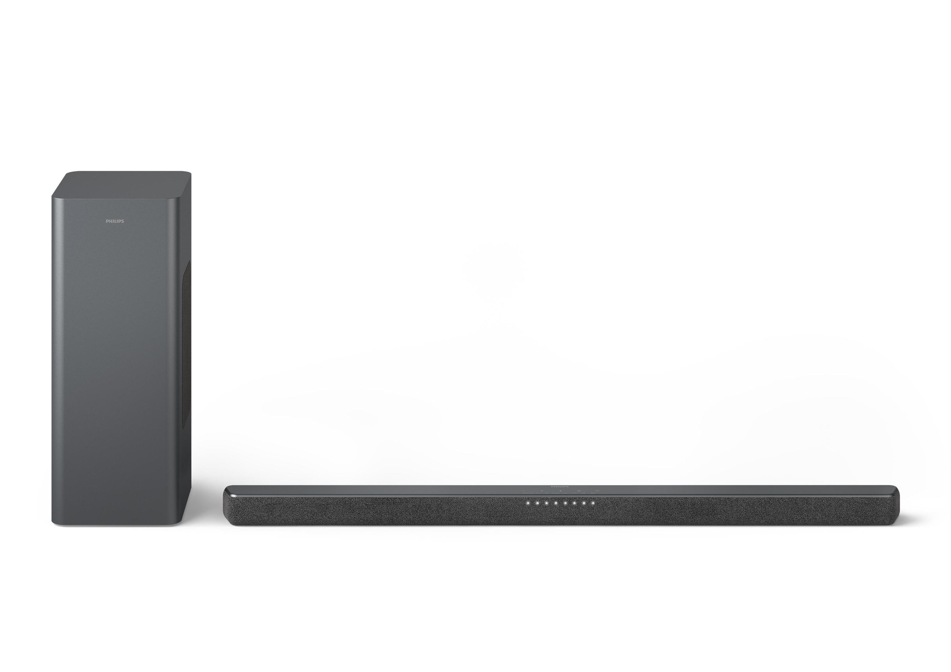 Una soundbar e un subwoofer Philips. La soundbar è lunga e grigio scuro, il subwoofer è un box grigio.