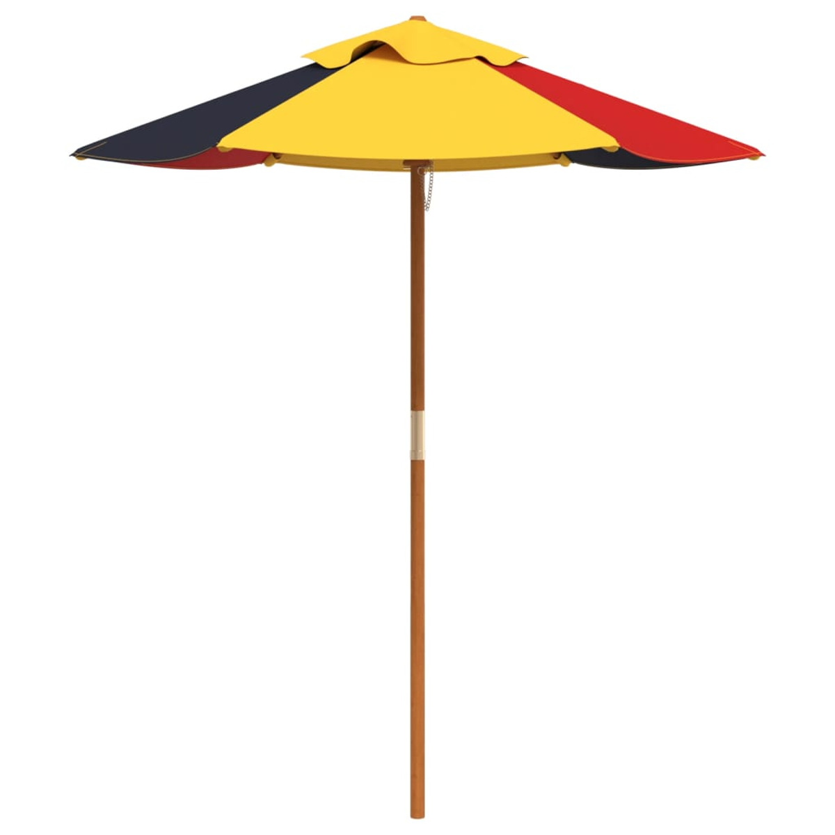 Ein bunter Regenschirm mit gelben, blauen und roten Paneelen auf einem Holzpfahl.