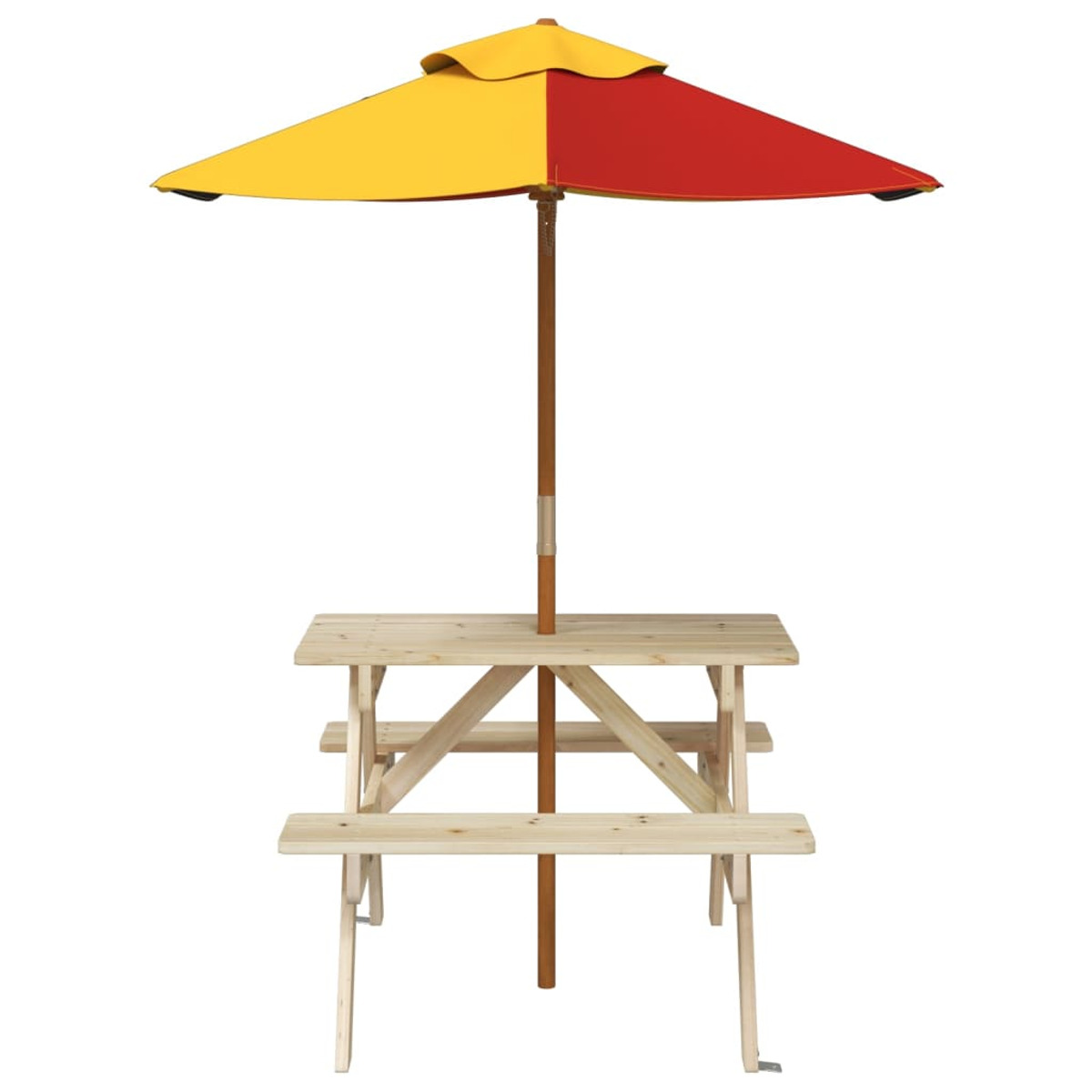 Picknicktisch mit gelb/rotem Schirm. Der Tisch ist aus Holz, der Schirm ist geöffnet.