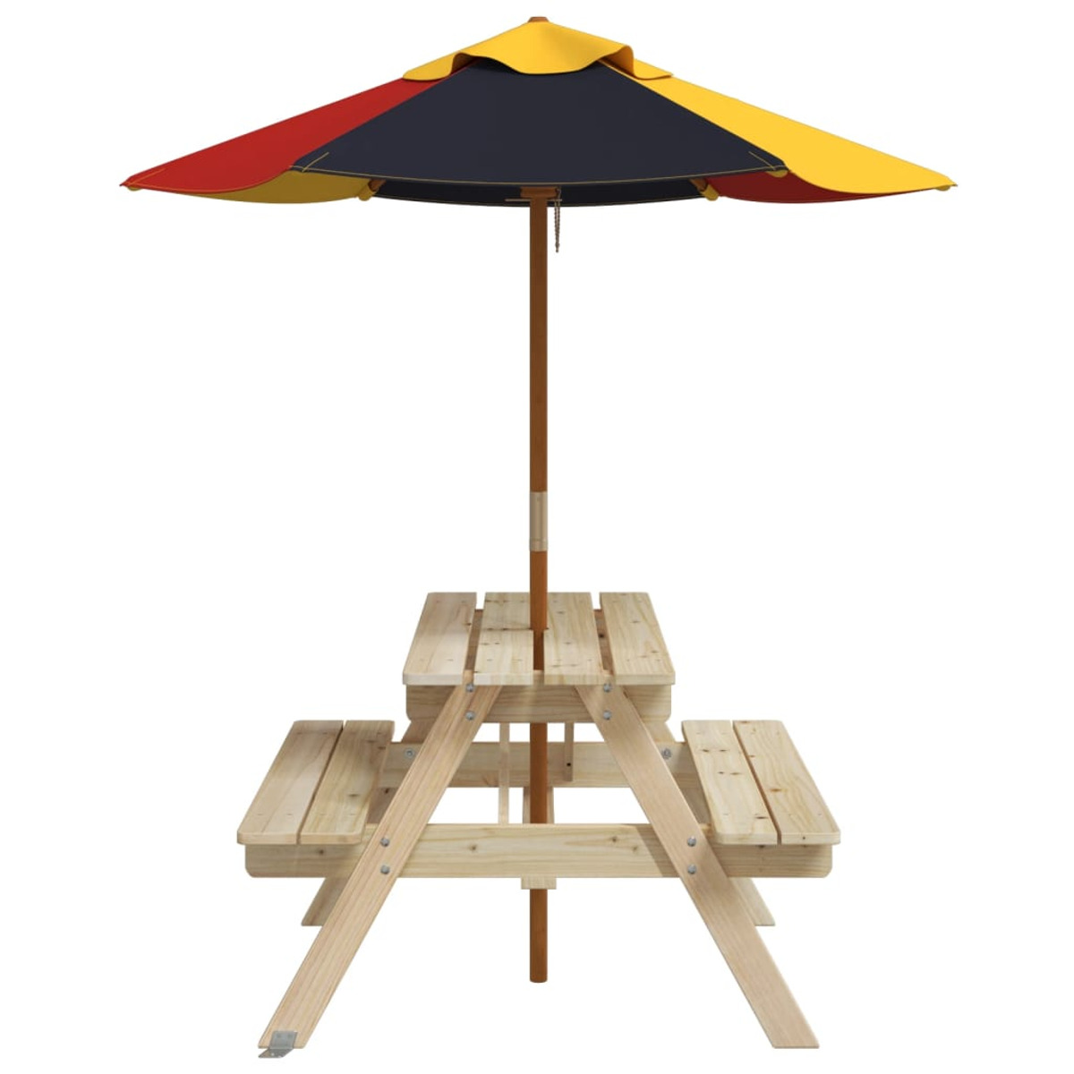 Picknicktisch aus Holz mit Bänken und einem bunten Sonnenschirm, isoliert auf Weiß.