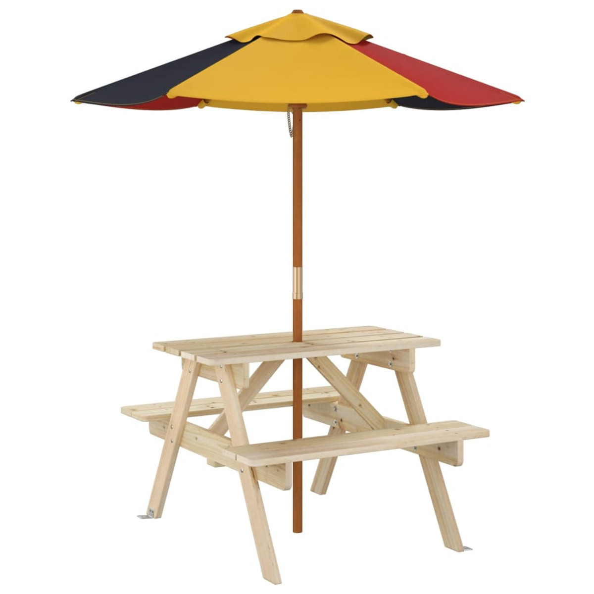 Ein Picknicktisch mit einem Schirm in der Mitte. Weißer Hintergrund.