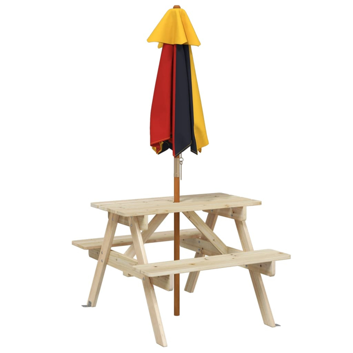 Holz-Picknicktisch mit buntem Schirm. Der Tisch hat eine rechteckige Form.