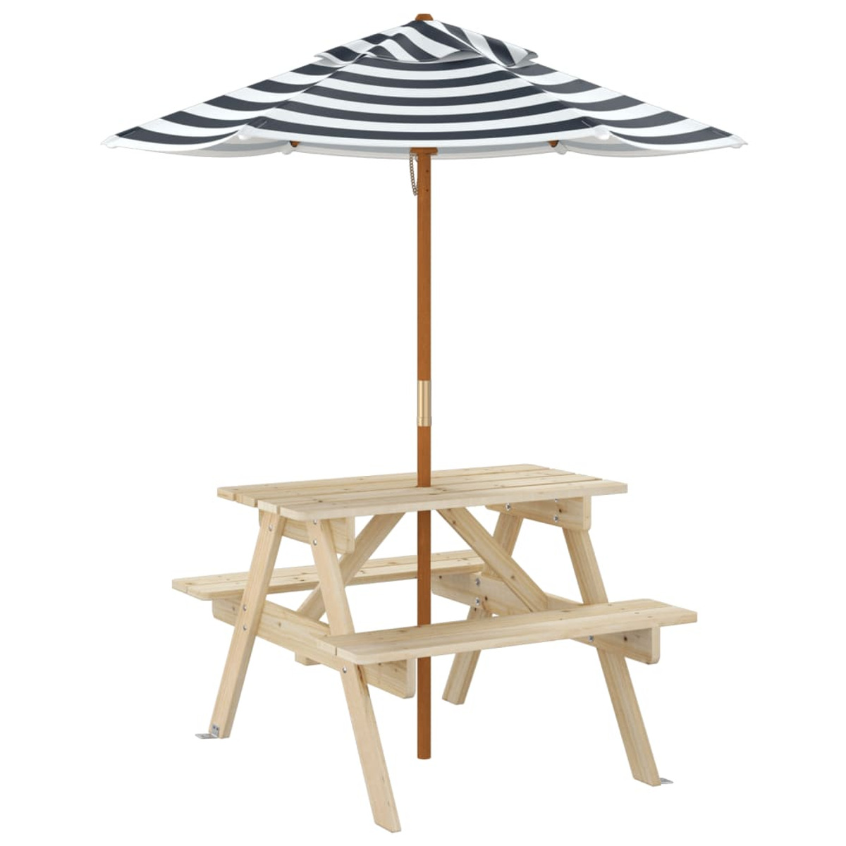 Holz-Picknicktisch mit Sonnenschirm, gestreiftes schwarz-weißes Verdeck.