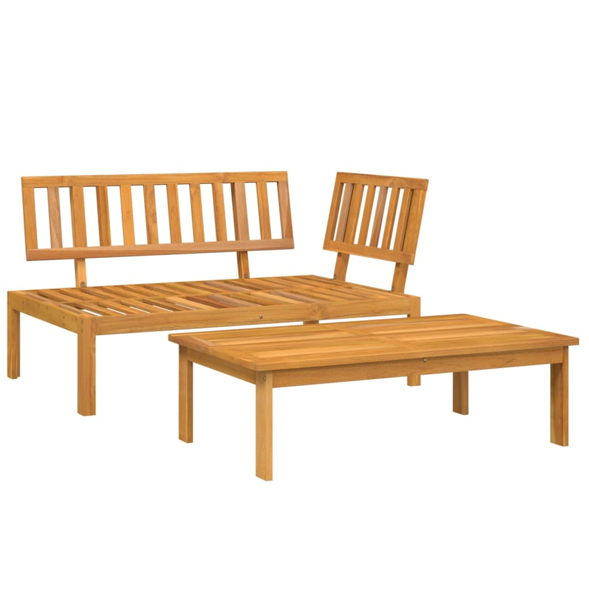 Set di mobili da esterno in legno, composto da divano, sedia e tavolo, isolato.