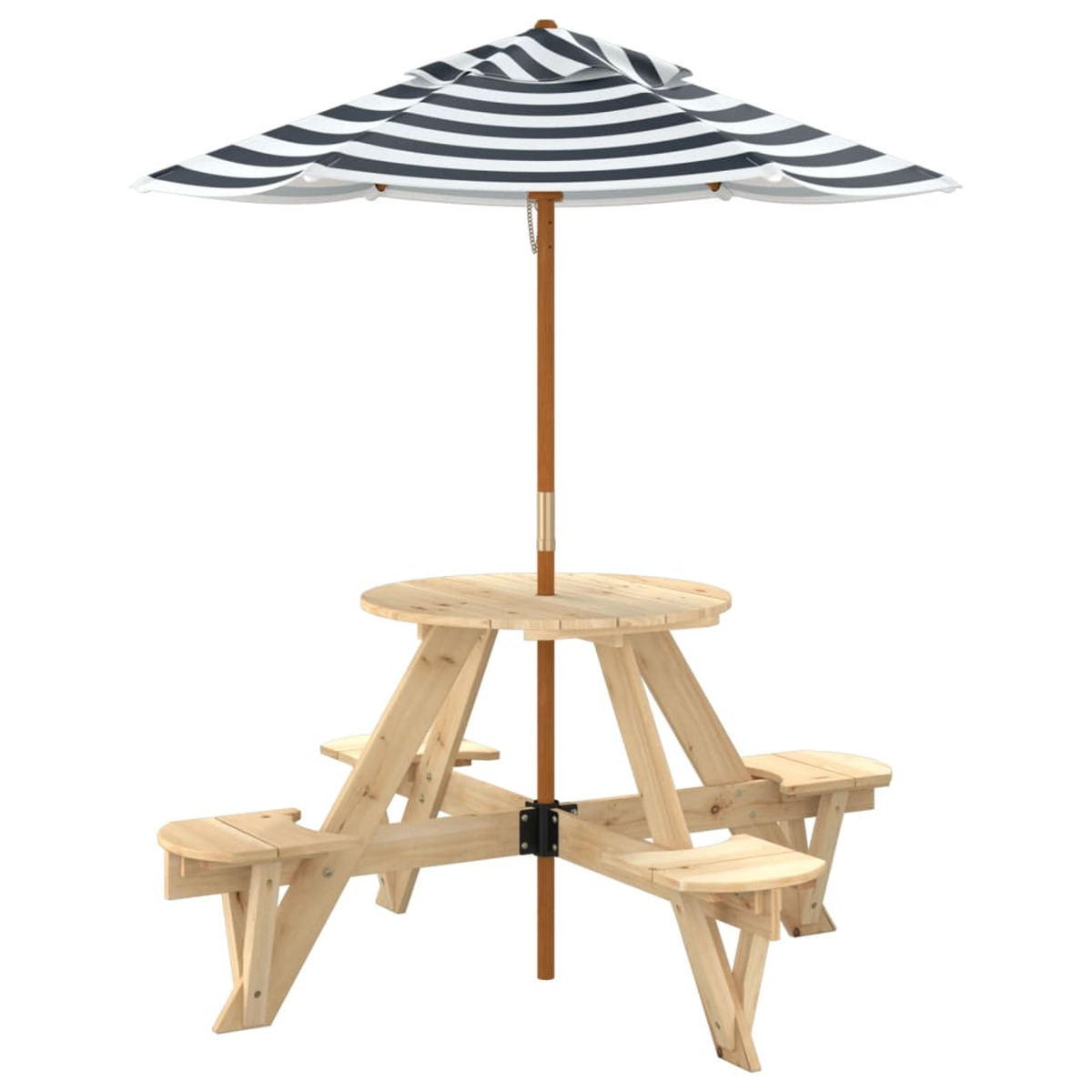 Holz-Picknicktisch mit Bänken und einem gestreiften Regenschirm.