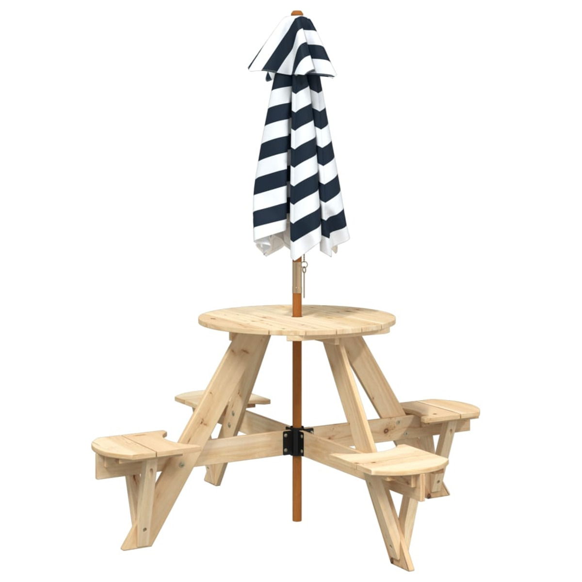 Picknicktisch aus Holz mit schwarz-weiß gestreiftem Schirm. Inklusive Bänken, Tisch und Schirm.