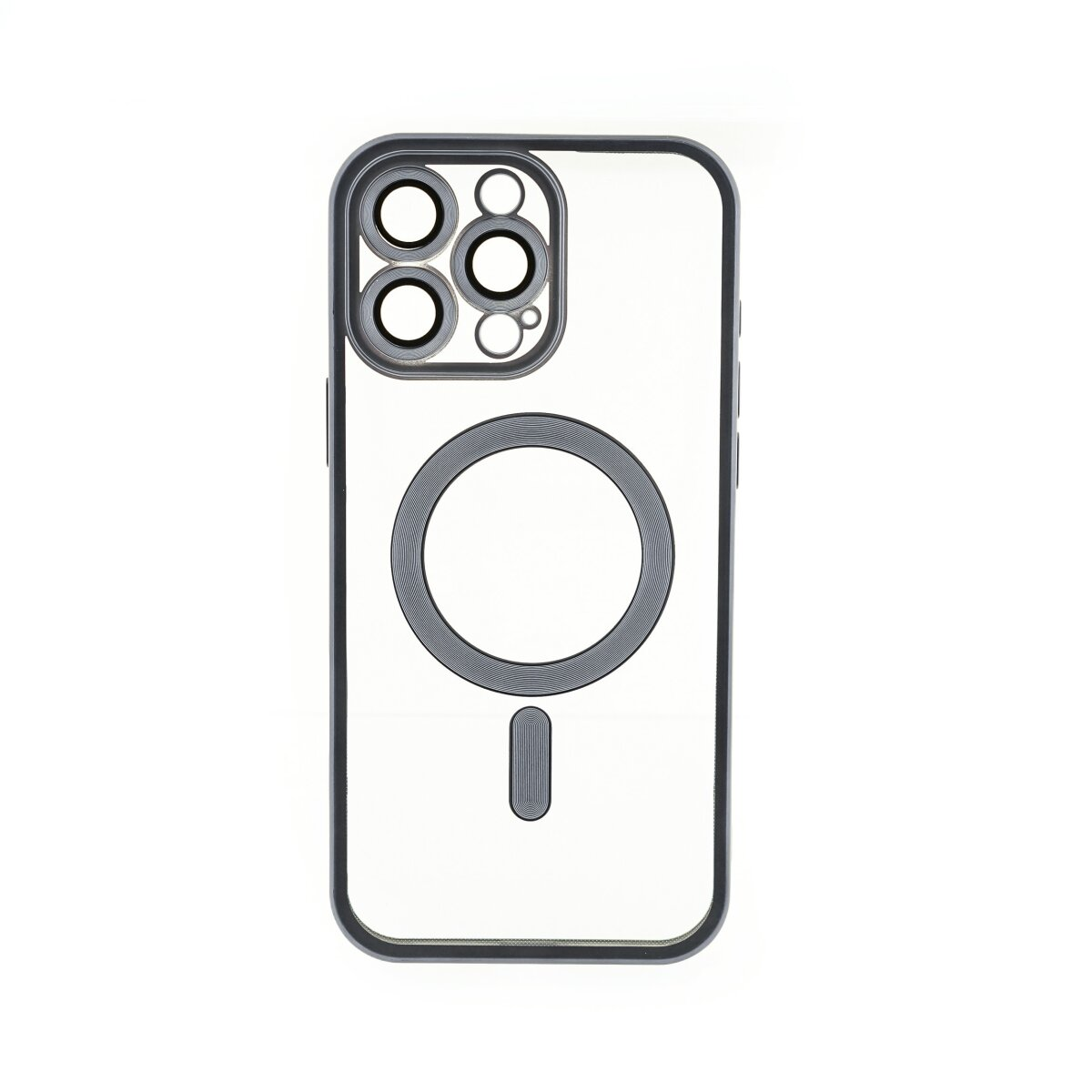 Una custodia trasparente per telefono con anello grigio e design rettangolare su sfondo bianco.