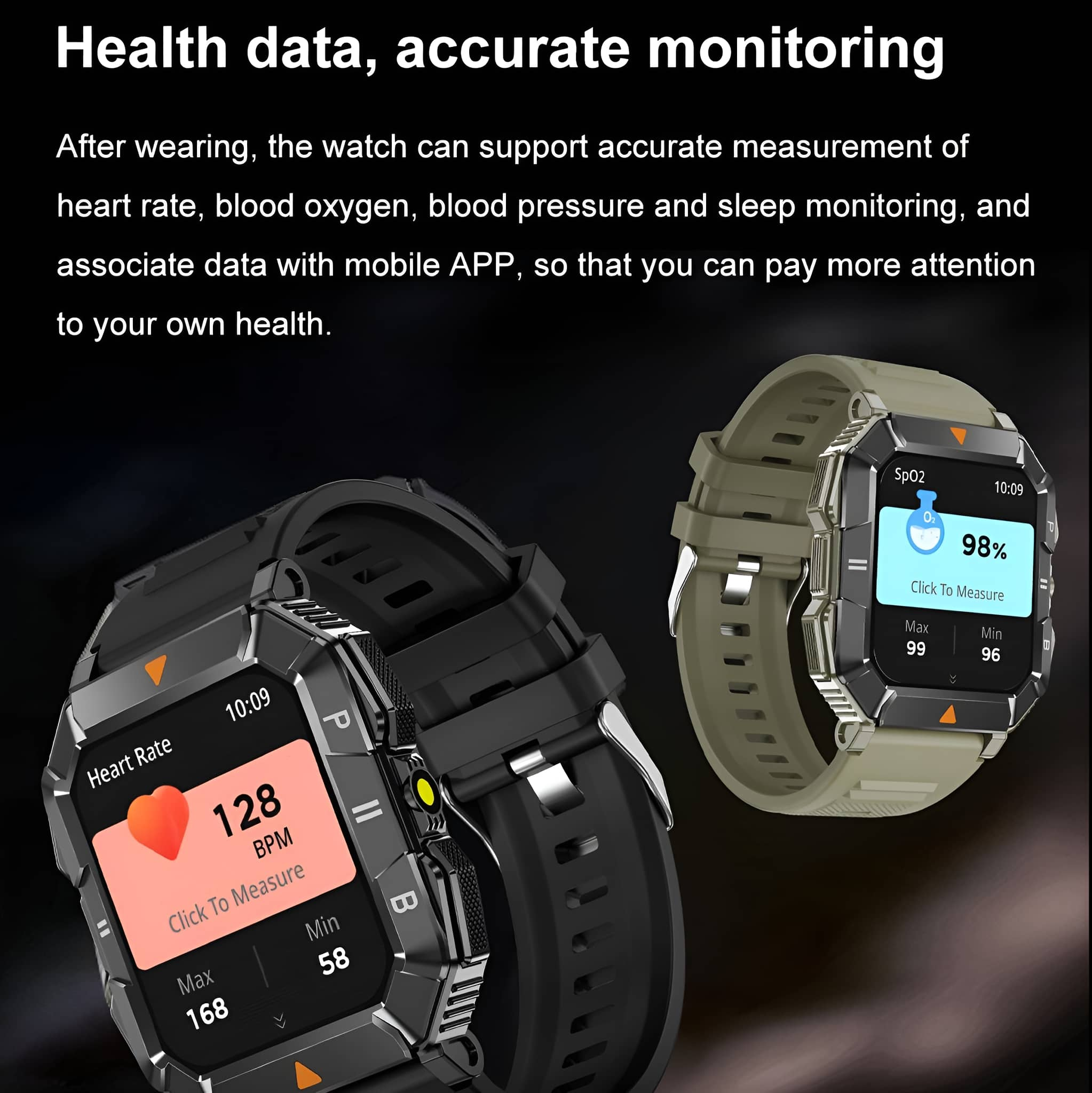 Zwei Smartwatches, eine schwarze und eine grüne, die Gesundheitsdaten anzeigen.