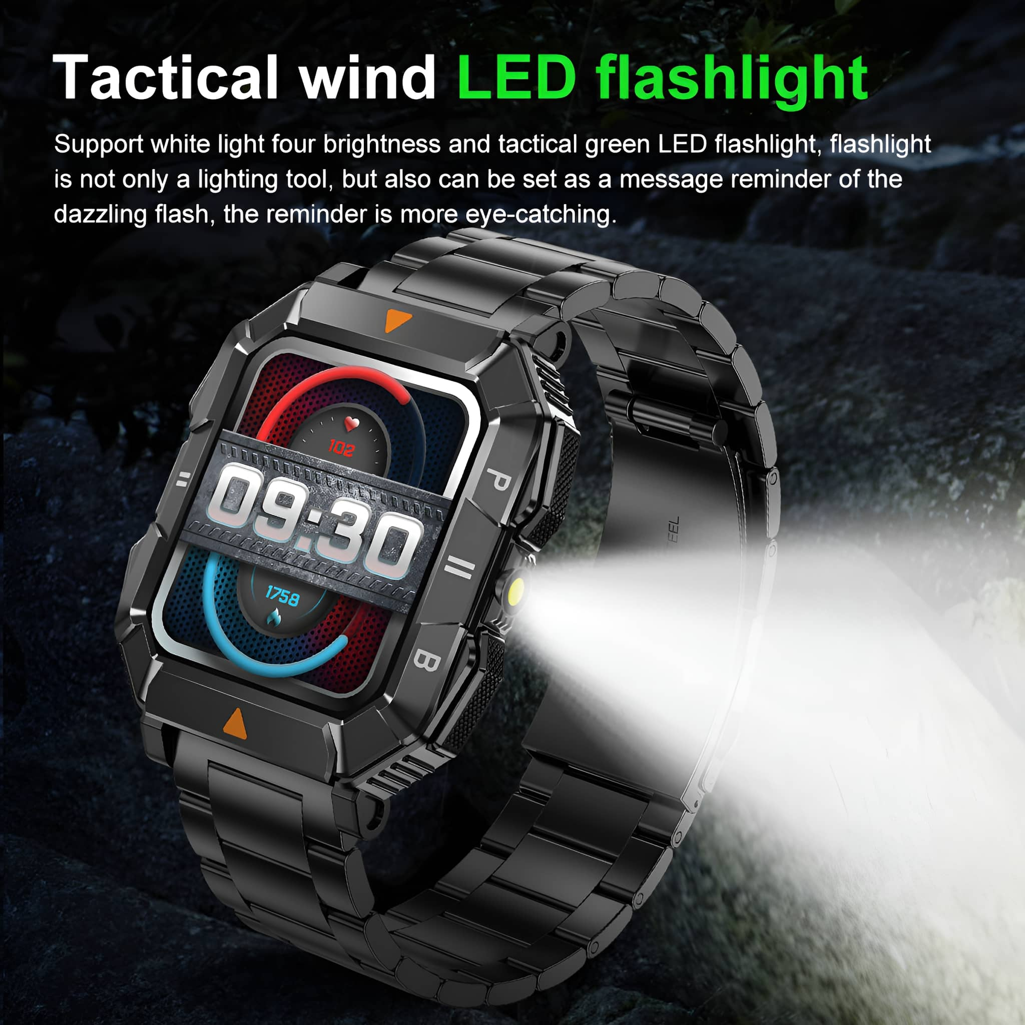 Schwarze Smartwatch, die ein helles Licht aussendet.