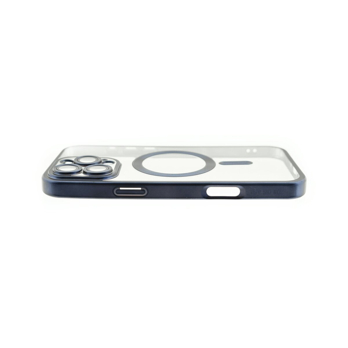 Una custodia trasparente per telefono con bordo nero, con ritaglio per la fotocamera, e sfondo bianco.