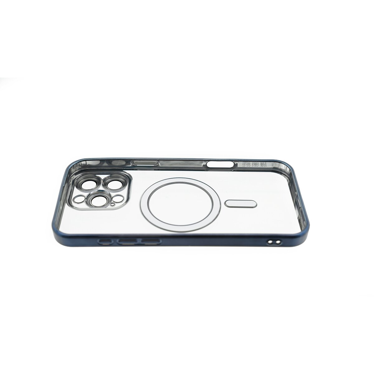 Una custodia per telefono blu trasparente con ritaglio per fotocamera e un anello magnetico.