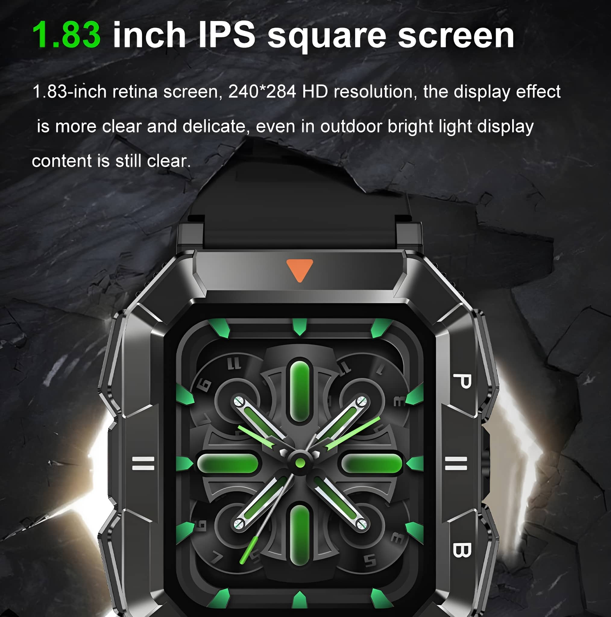 Eine schwarze Smartwatch mit grün-orangener Oberfläche auf strukturiertem, dunklem Hintergrund.