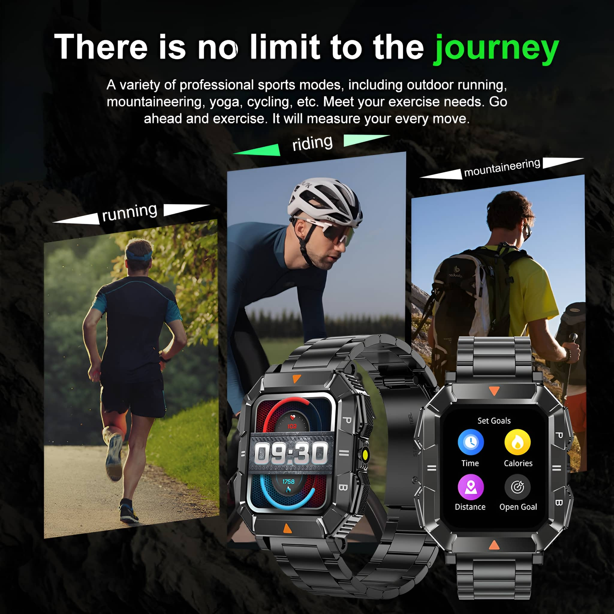 Smartwatch am Handgelenk, mit Lauf-, Fahrrad- und Wander-Symbolen. Anderes Smartwatch gezeigt.