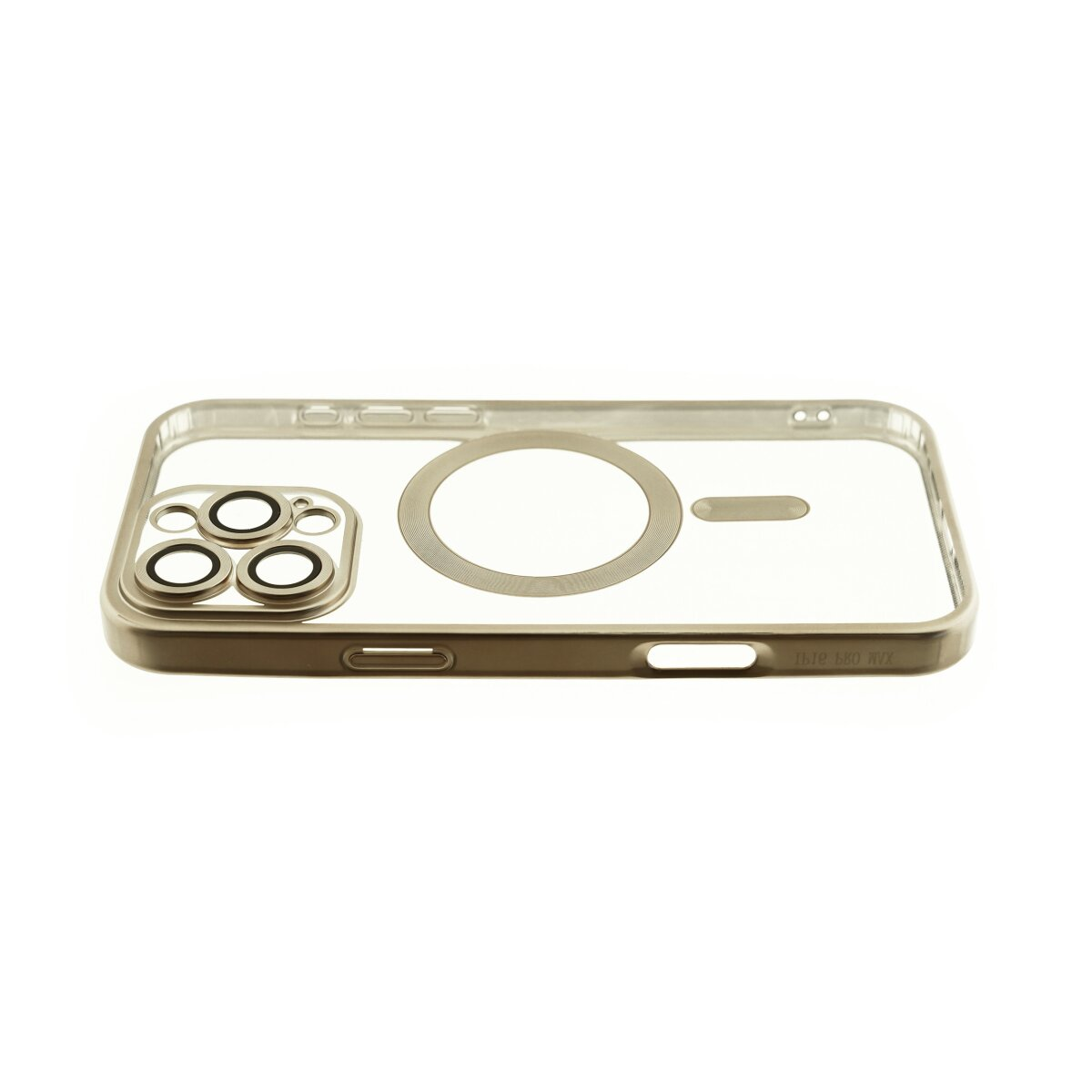 Transparente Handyhülle mit Kameraringen und MagSafe-Kreis auf weißem Hintergrund.