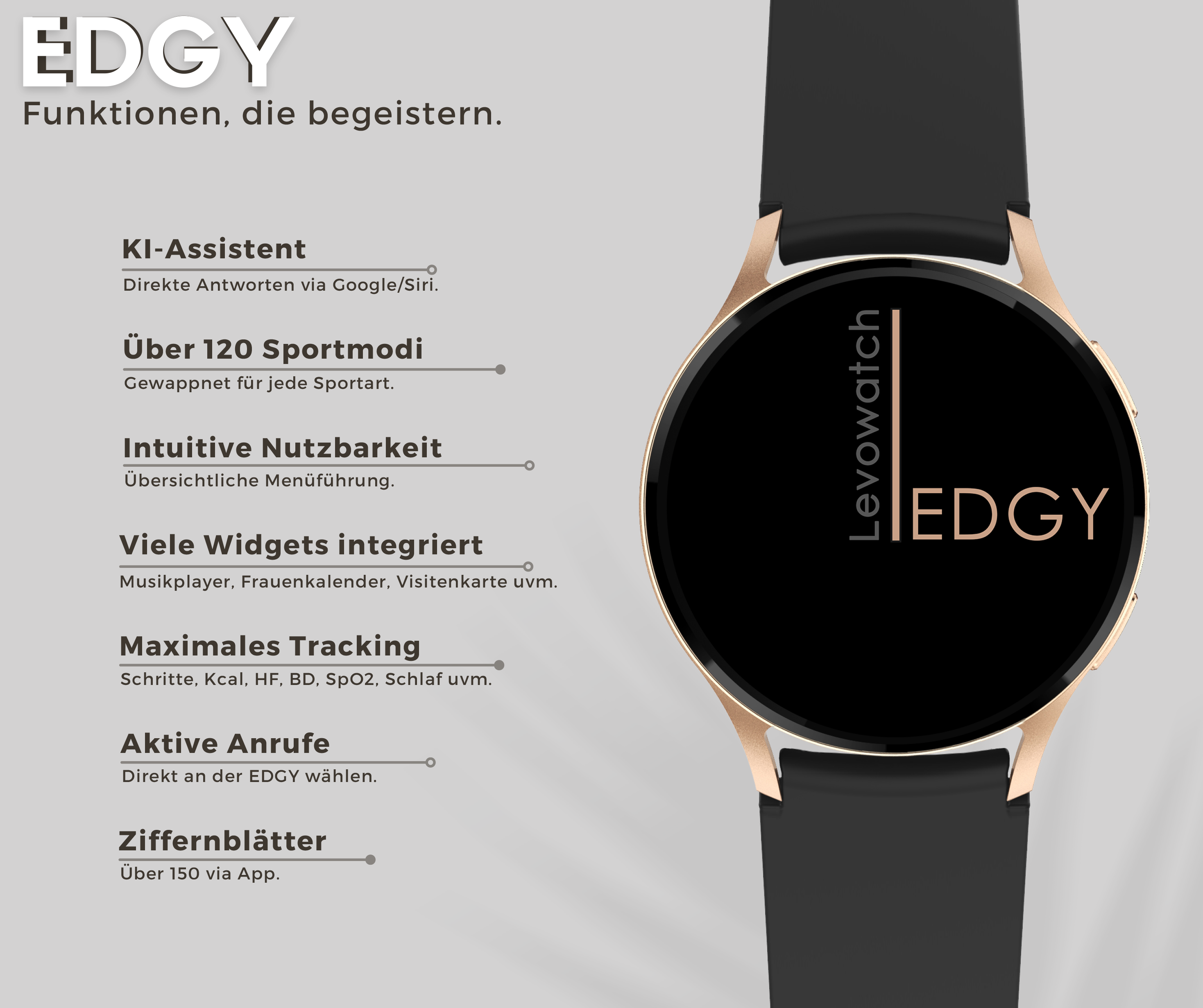 Un reloj inteligente dorado y negro con el nombre Edgy. Funciones: asistente de IA, modos deportivos y seguimiento.
