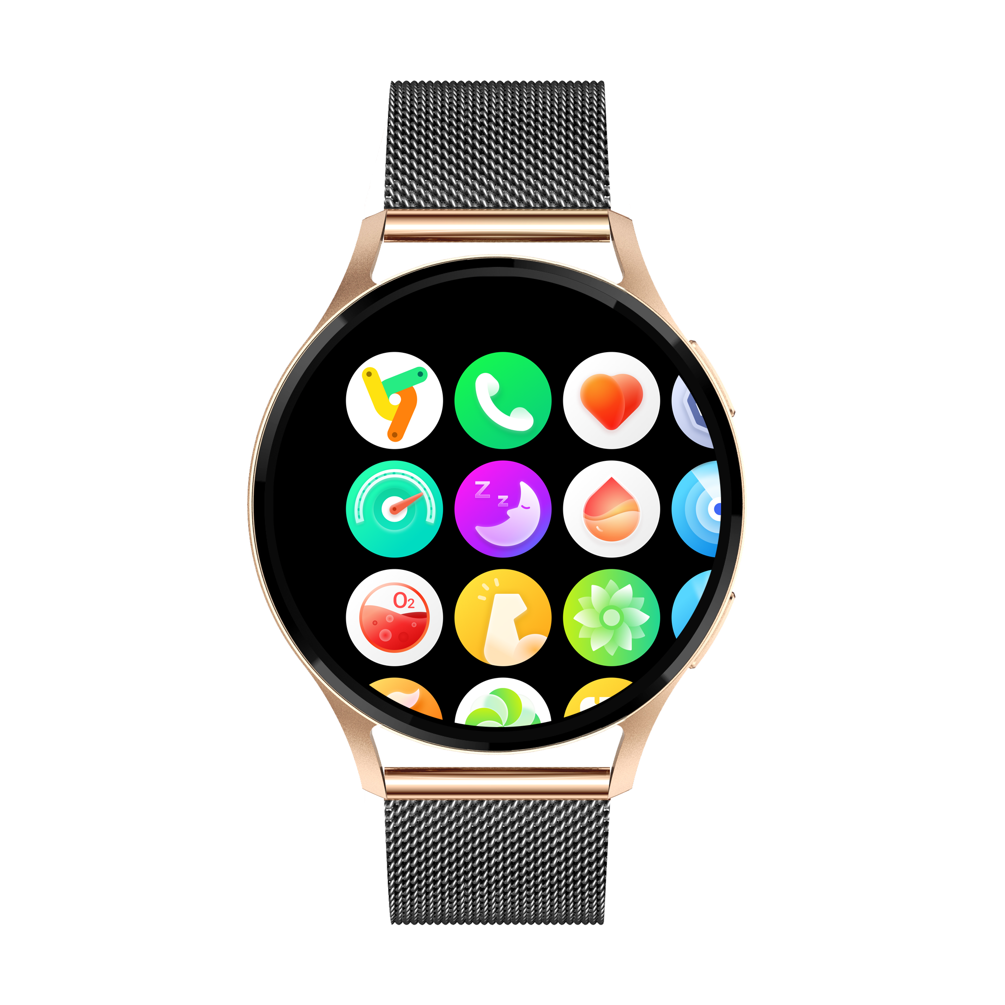 Smartwatch redonda con una pantalla negra que muestra iconos de aplicaciones. El reloj tiene una correa dorada.