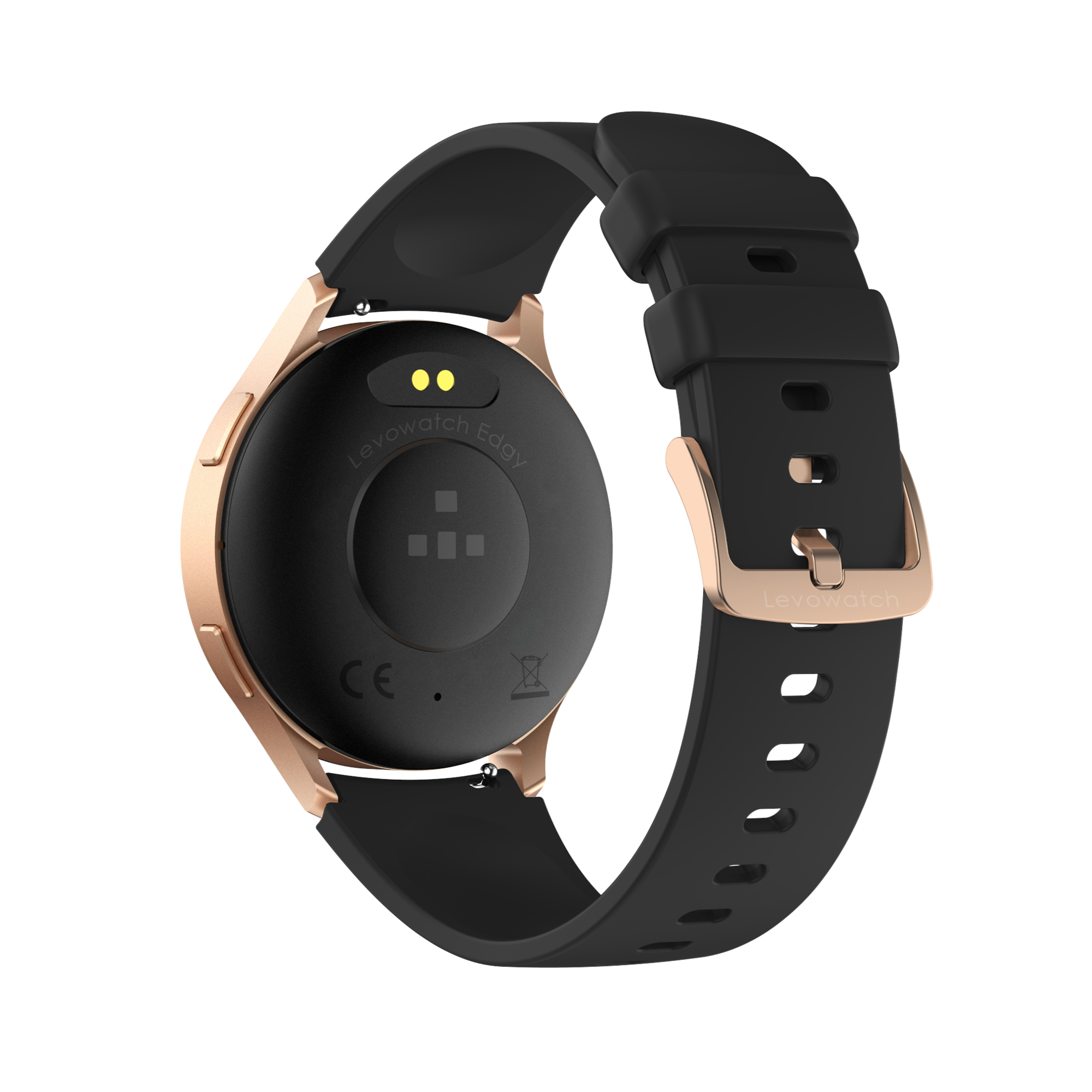 Smartwatch, vista trasera. Correa negra, carcasa dorada. Sensor de frecuencia cardíaca visible.