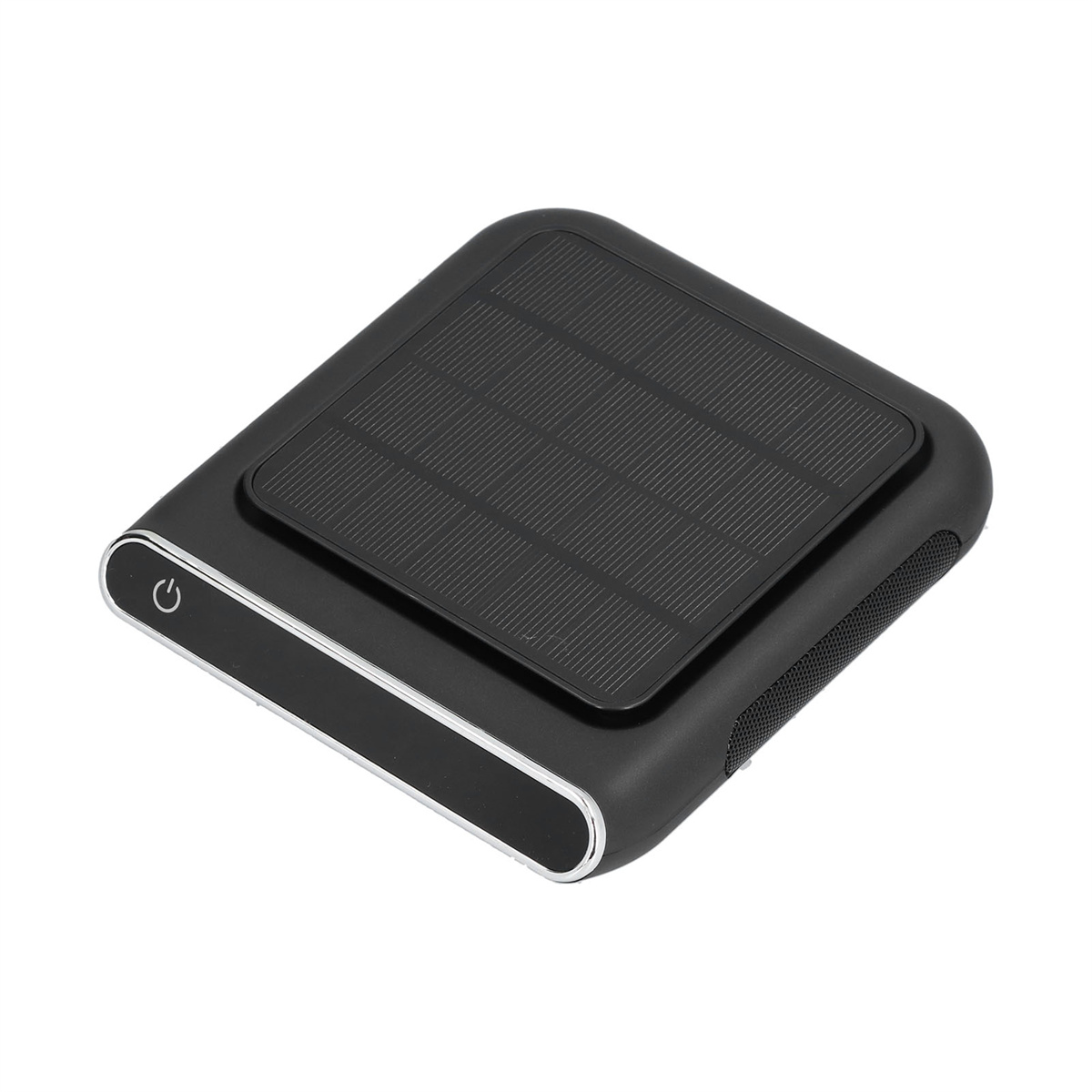 Ein schwarzes solarbetriebenes Gerät mit silberner Umrandung und einem Ein-/Ausschalter auf weißem Hintergrund.