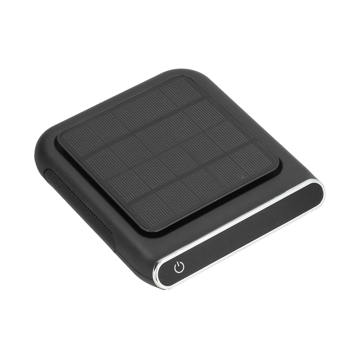 Schwarzes solarbetriebenes Gerät mit Ein-/Aus-Taste, schräge Ansicht, auf weißem Hintergrund.