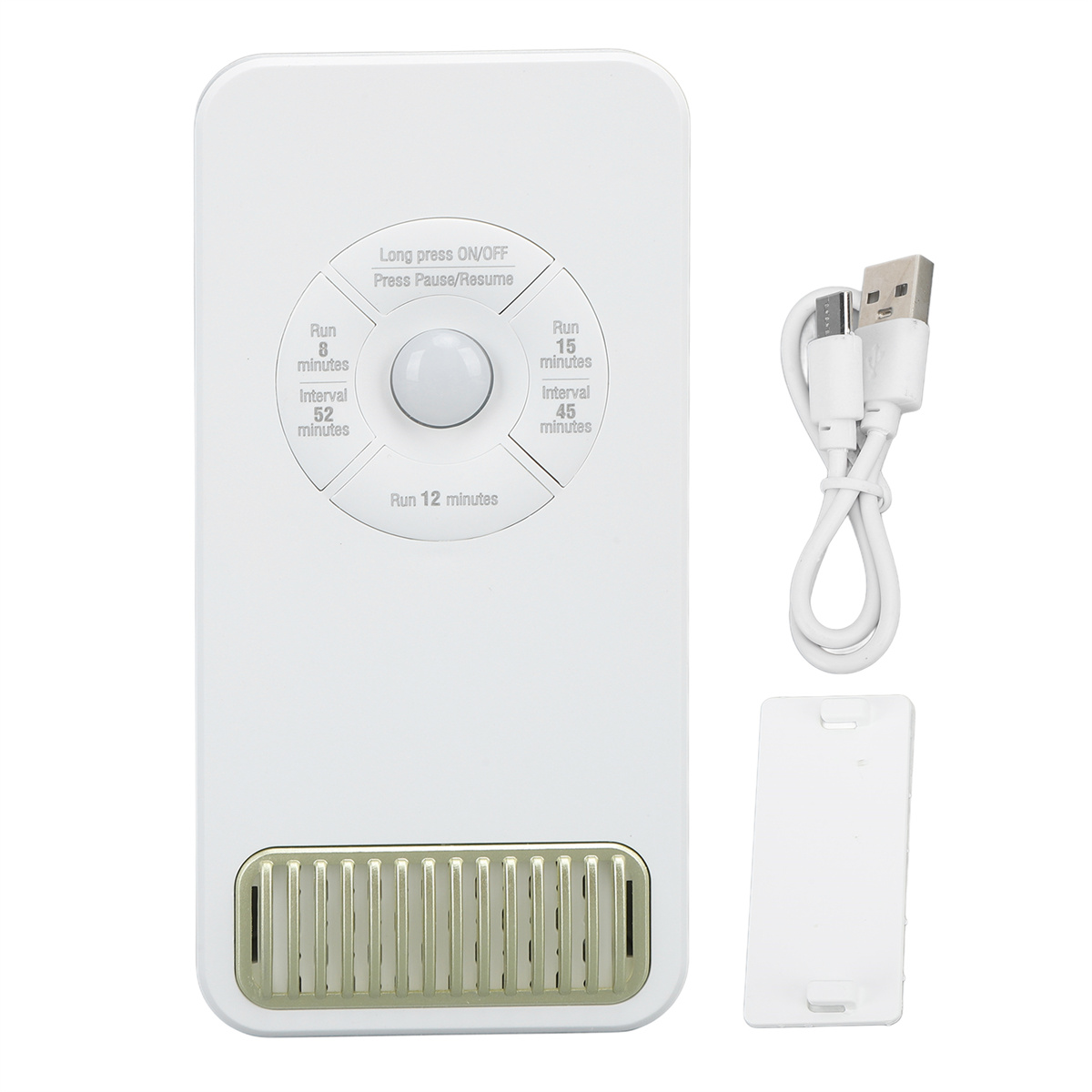 Weißes Gerät mit Bedienelementen und USB-Kabel. Eine separate Abdeckung ist da.