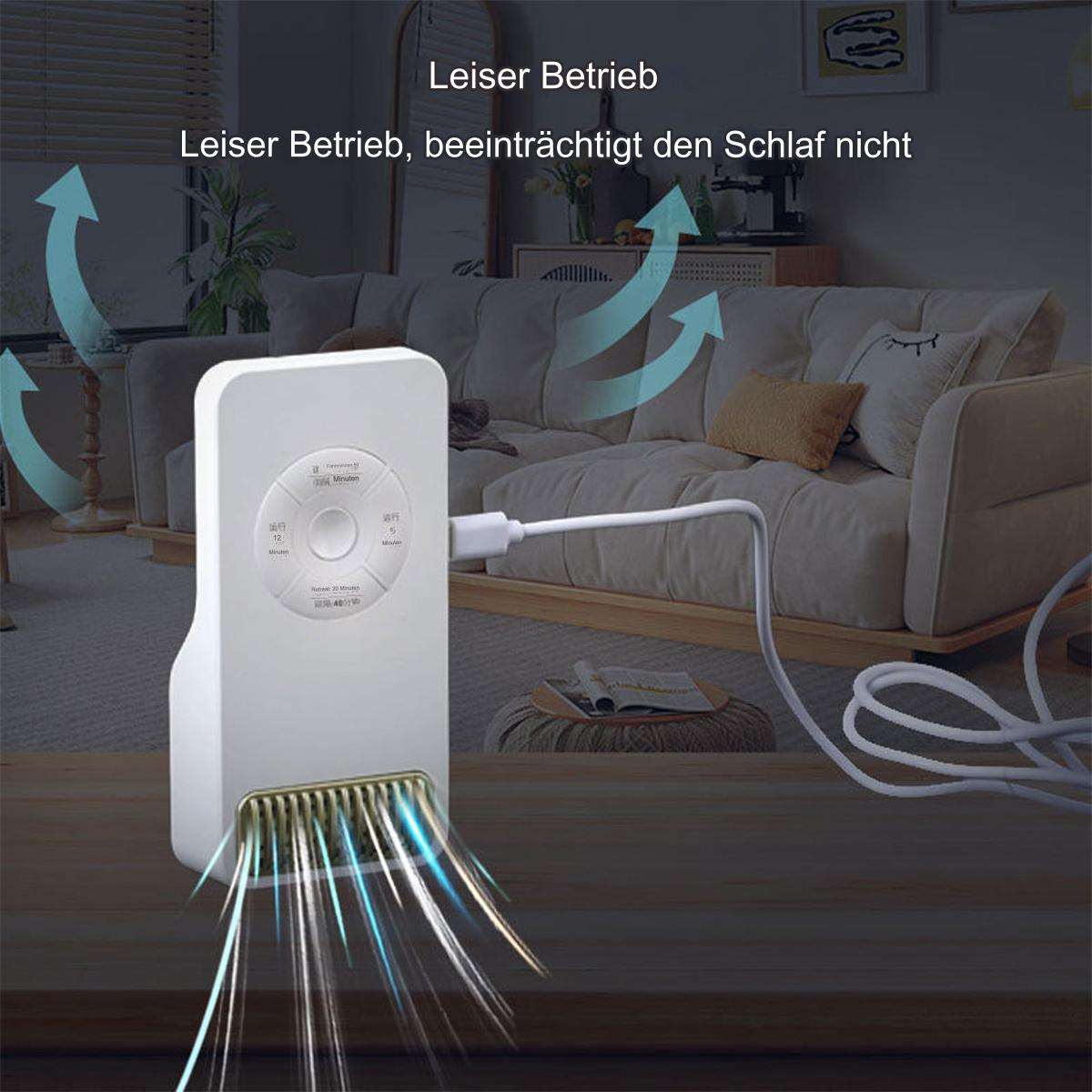 Weißes Gerät mit Knöpfen und USB-Kabel, Pfeile zeigen Luftstrom an, Text auf Deutsch.
