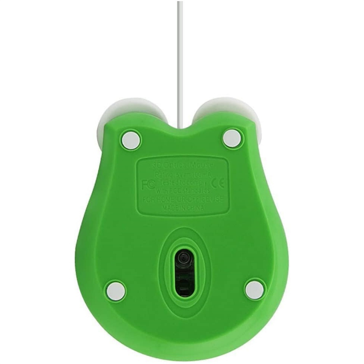Grüne Computermaus. Die Unterseite ist sichtbar und zeigt den Sensor und einen grünen Körper mit Saugnäpfen.
