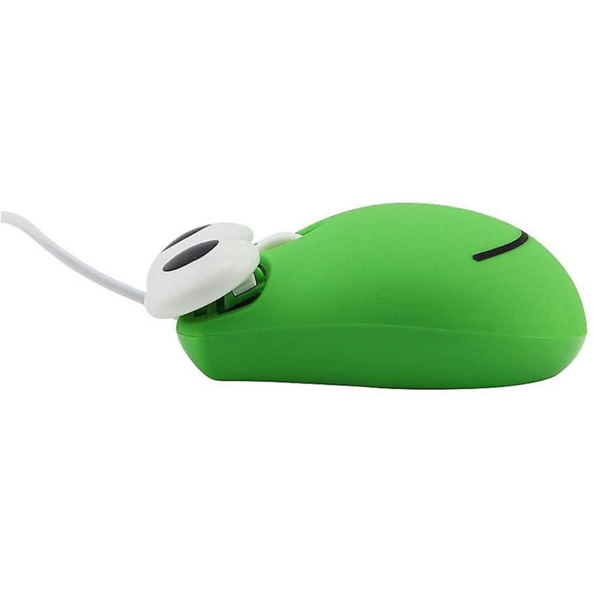 Eine grüne Computermaus in Form eines Frosches. Die Maus hat weiße Augen und eine schwarze Linie als Mund.