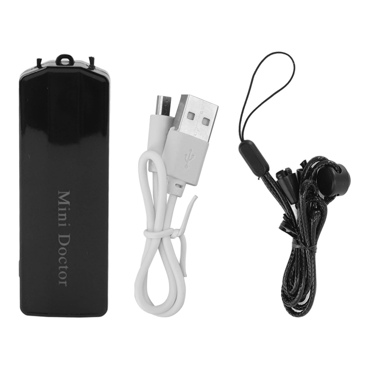 Schwarzes Aufnahmegerät mit USB-Kabel und Schlüsselband, weißer Hintergrund.
