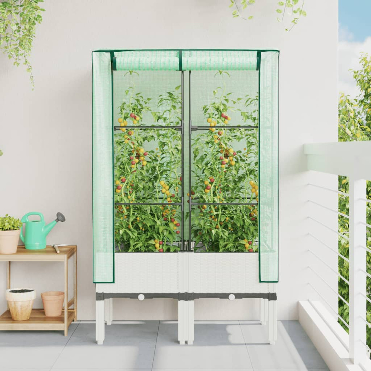 Una serra con pomodori su un balcone. Due porte e telaio verde.