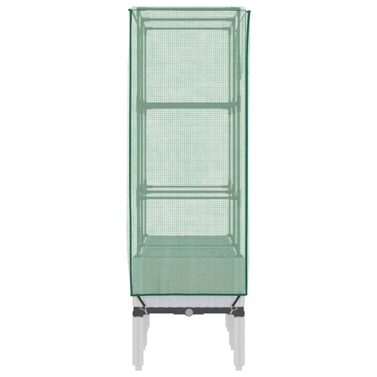 Serra alta e verde con ripiani. Poggia su gambe bianche. La copertura è in rete verde.