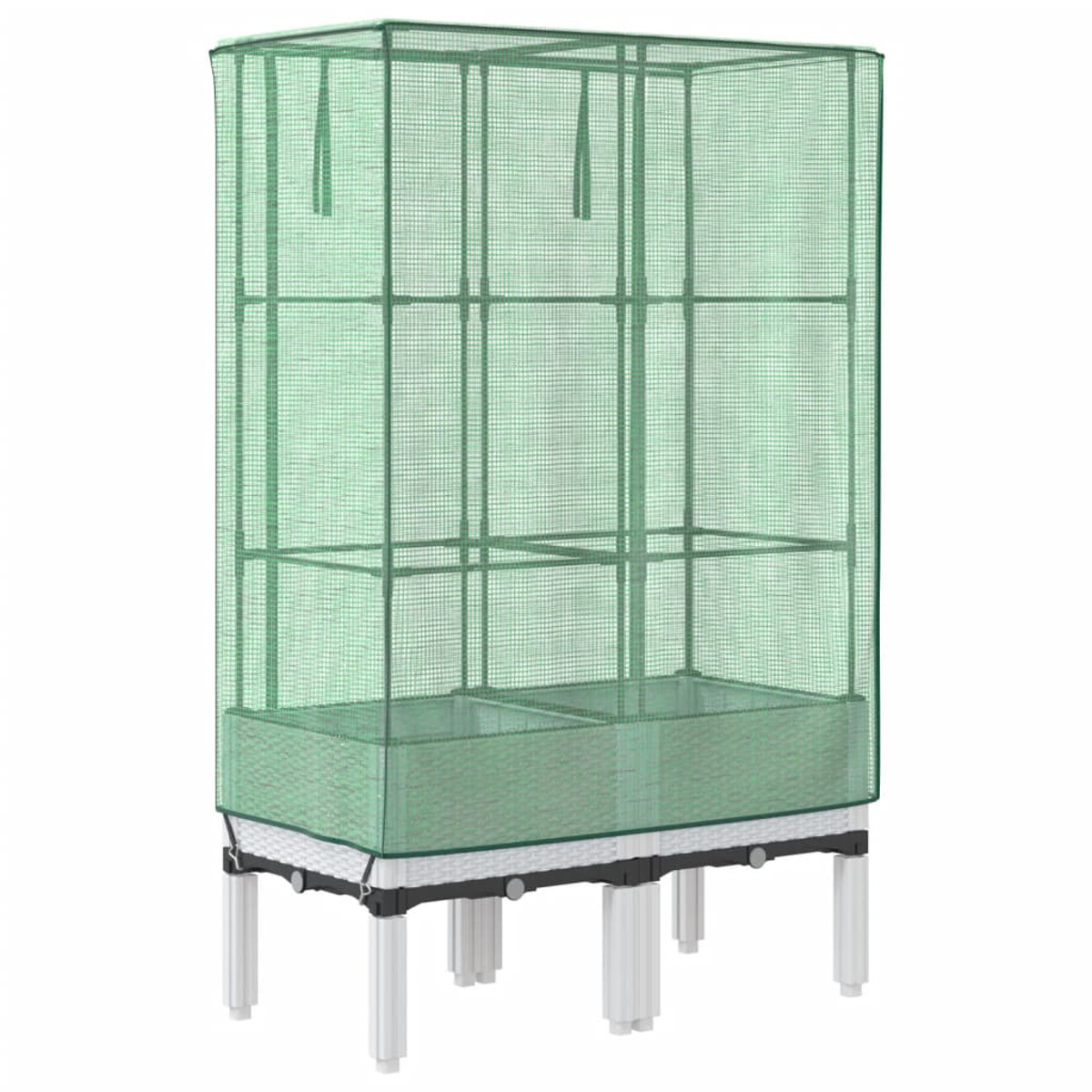 Una serra verde con base intrecciata, sostenuta da gambe bianche e nere.