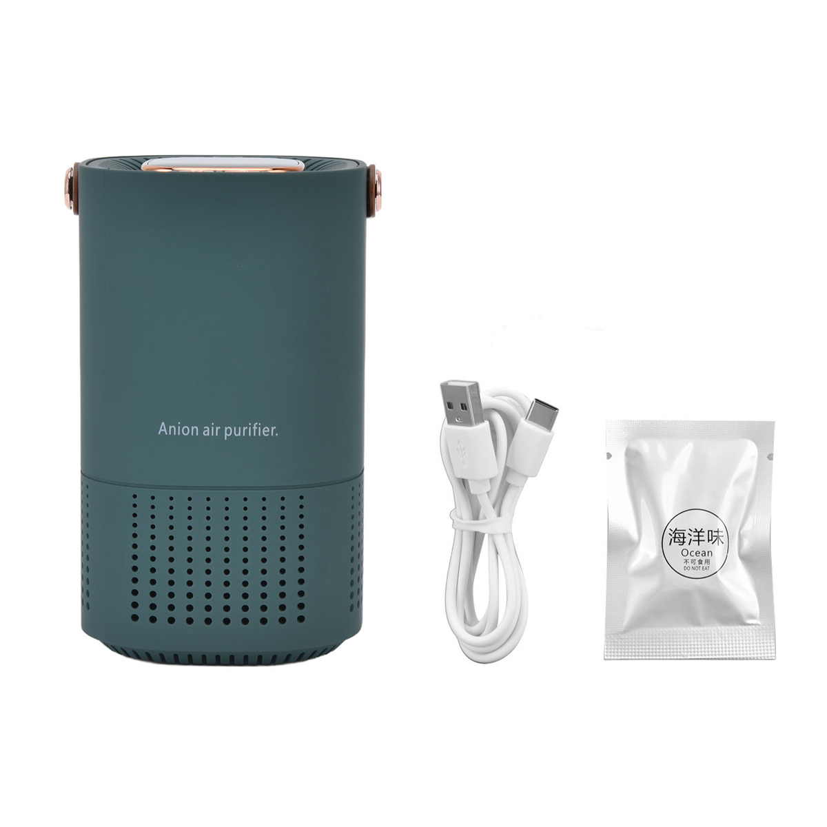 Anion-Luftreiniger mit USB-Kabel und einem Beutel Duftbeutel.