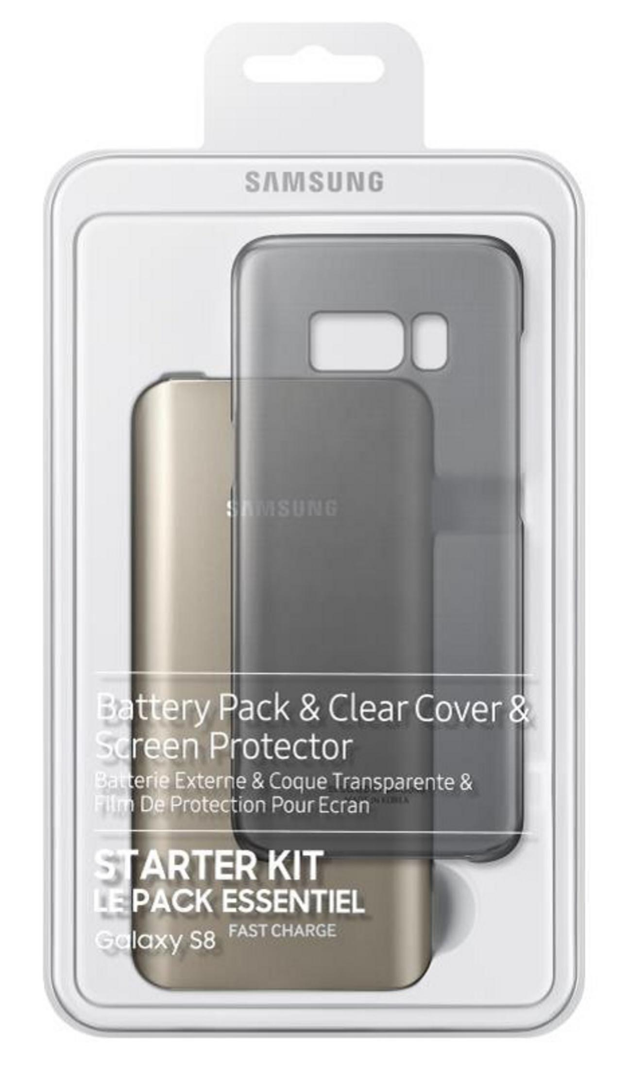 Kit iniziale Samsung Galaxy S8: batteria, cover trasparente, protezione schermo.