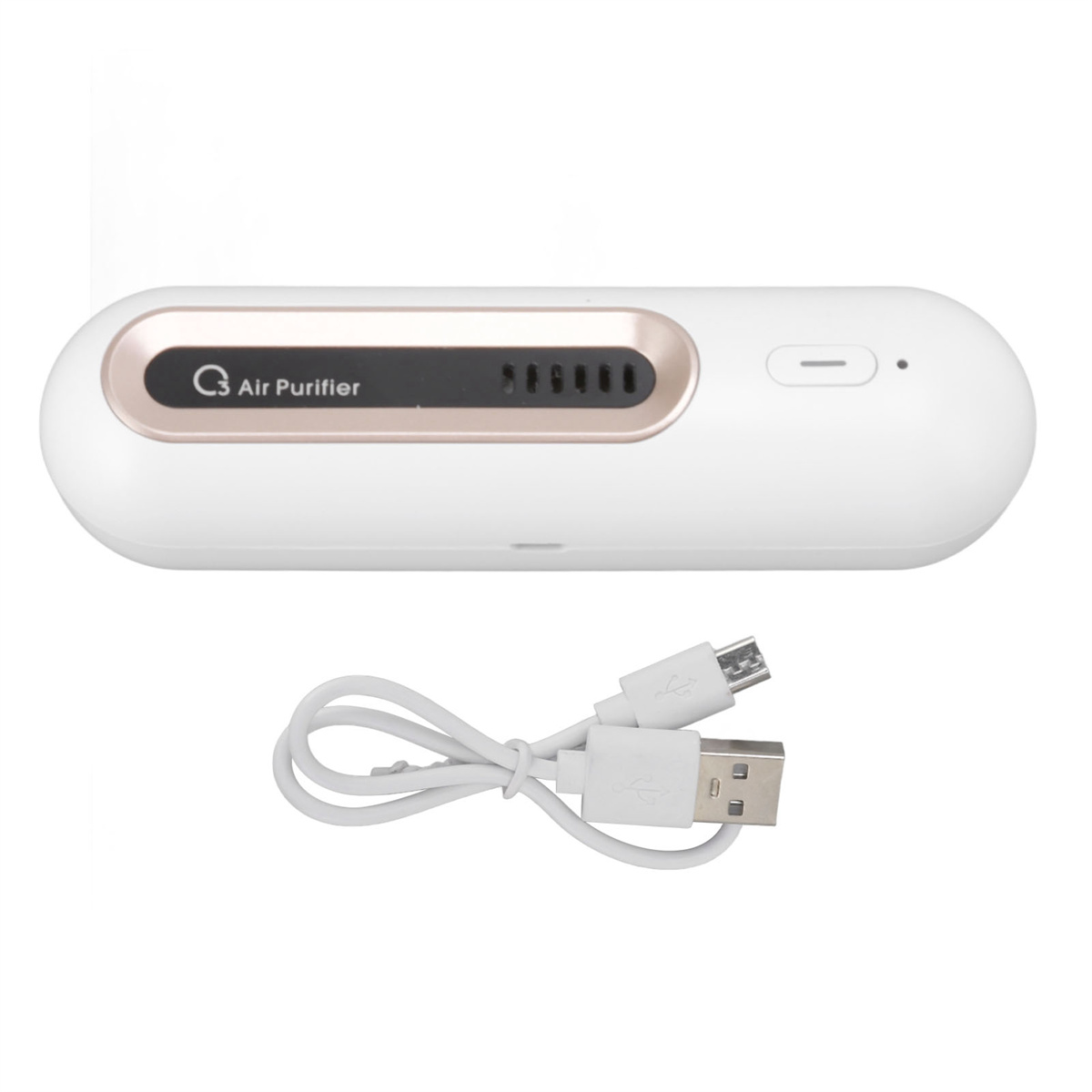Weißer Luftreiniger mit USB-Kabel. Der Reiniger hat einen Goldstreifen.