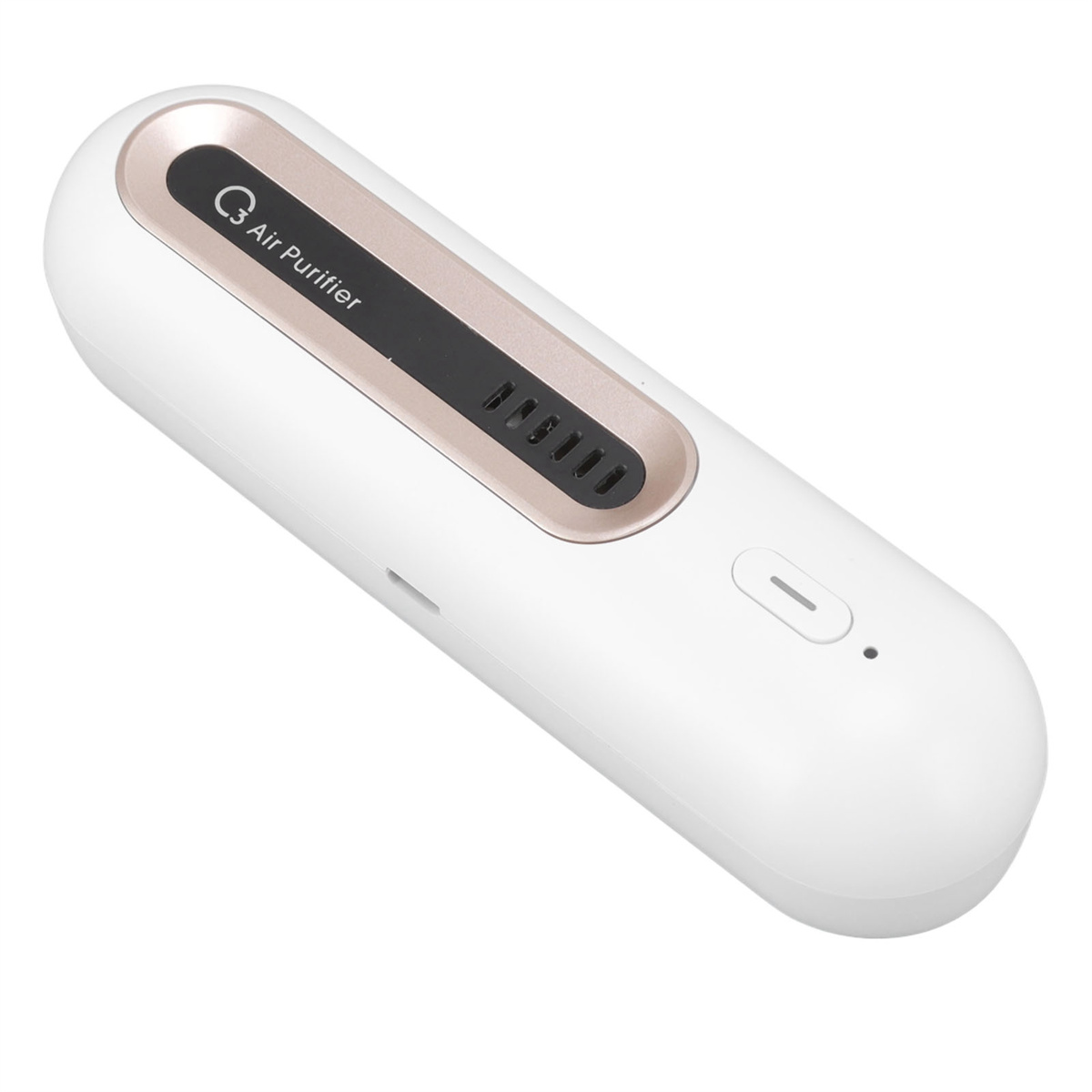 Ein weißes und goldenes Luftreinigungsgerät, schlankes Design, mit dem Wort "Air Purifier" darauf.
