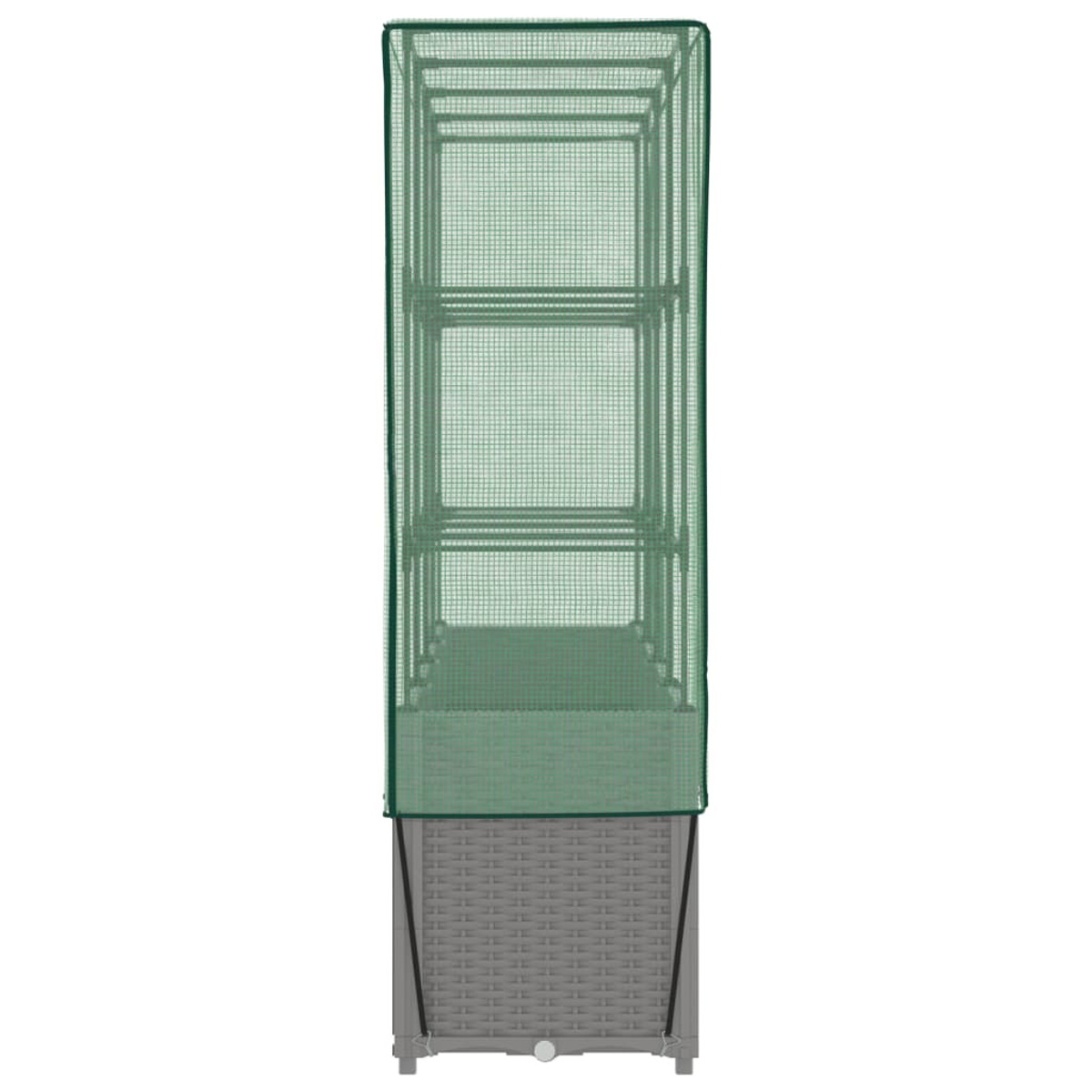 Serra stretta con copertura a rete verde, base in vimini grigia, vista verticale.