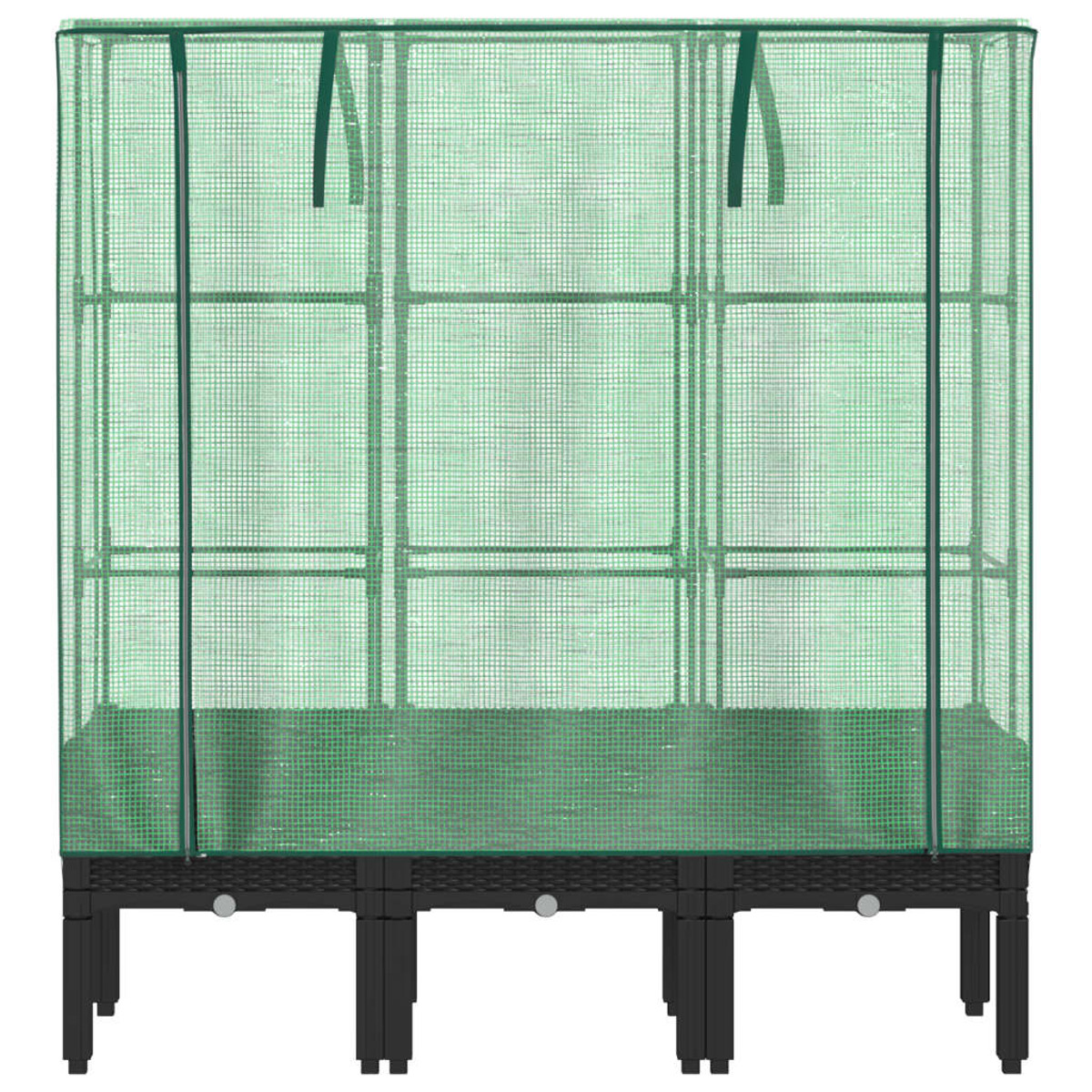 Una serra verde con telaio e base neri, su gambe nere.