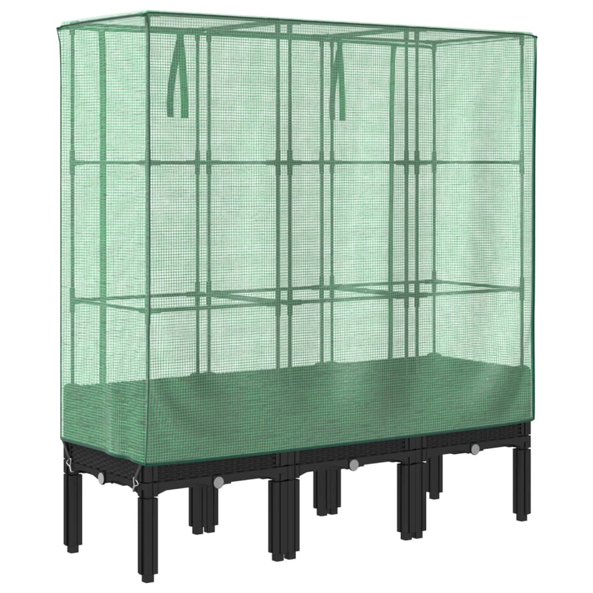 Serra con rete verde. Forma rettangolare. Telaio nero con gambe nere.