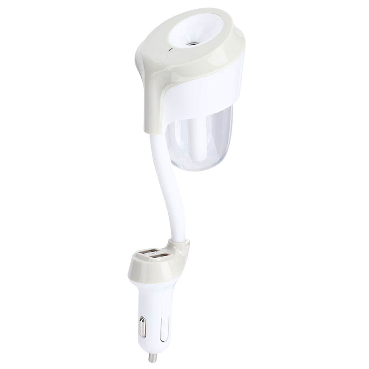 Weißer und hellbeiger Auto-Lufterfrischer mit USB-Anschluss und Stecker.