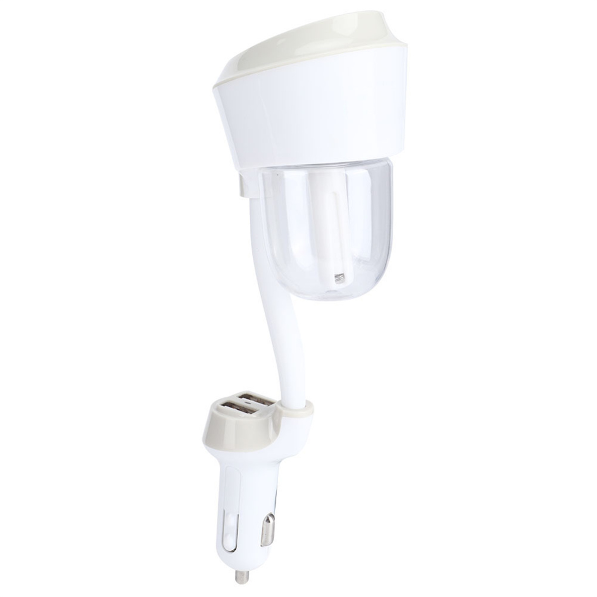 Weißer und transparenter Auto-Luftreiniger. Zwei USB-Anschlüsse unten. Es hat ein schlankes Design.