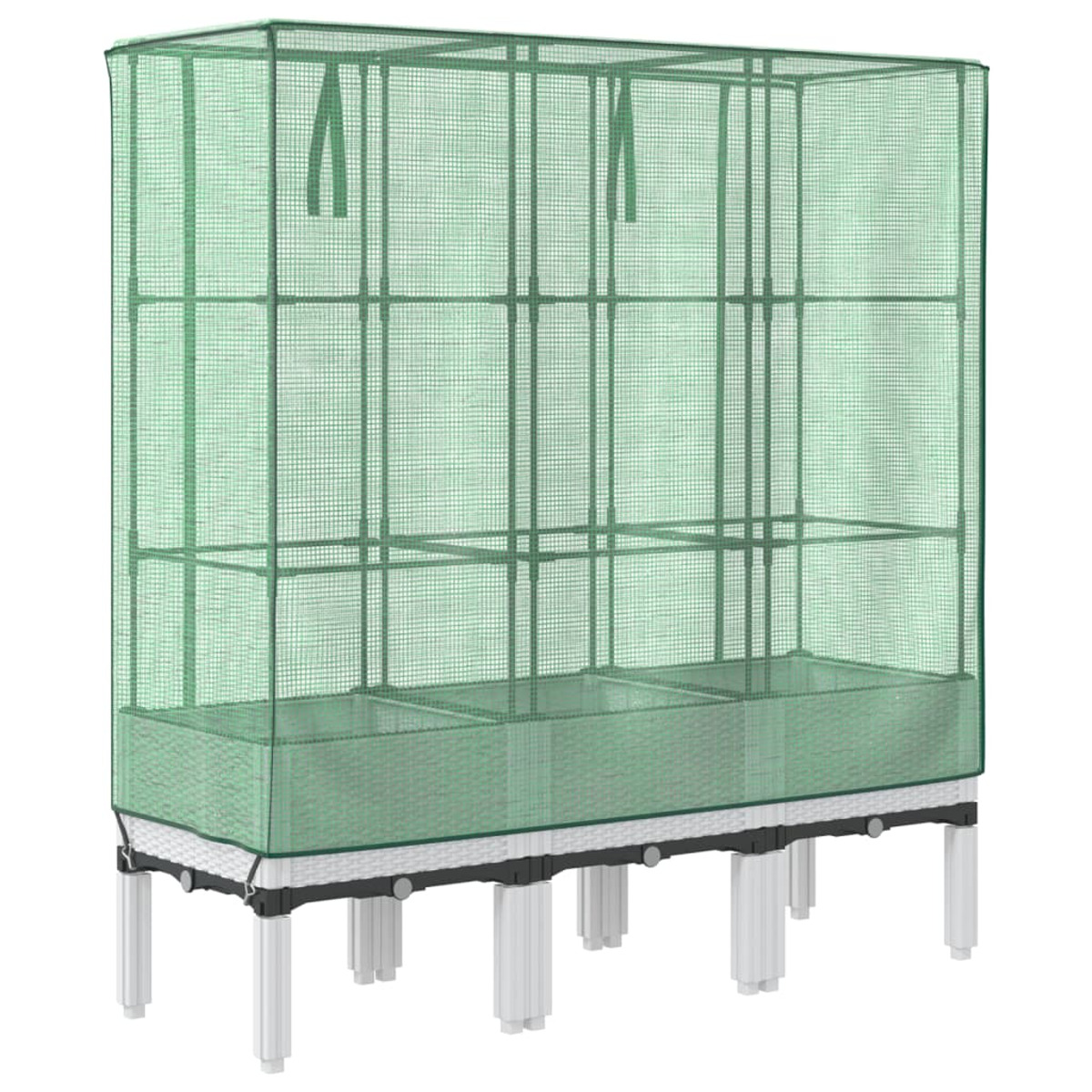 Serra verde con ripiani multipli e aiuole, su gambe bianche.