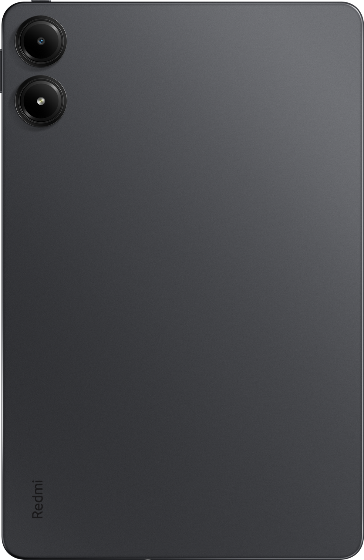 Tył ciemnoszarego tabletu z dwoma aparatami u góry. Logo Redmi na dole.