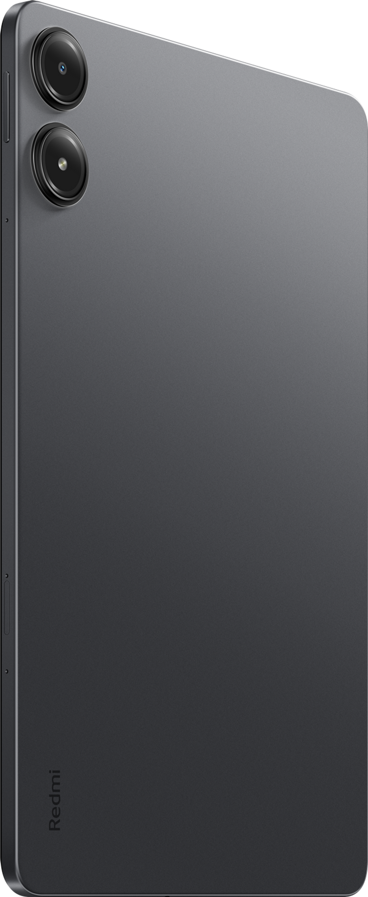 Ciemnoszary tablet, widok z tyłu, z dwoma obiektywami aparatu i logo Redmi.